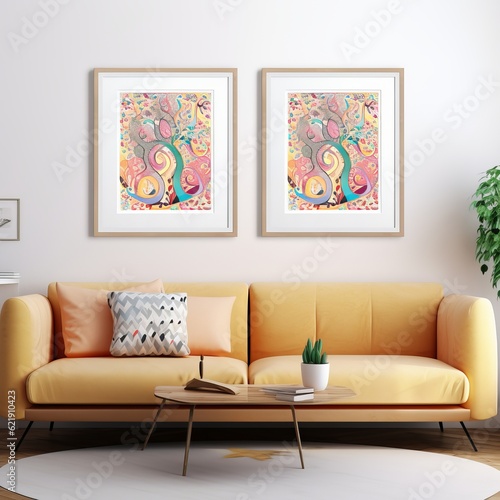 Modern bright interior with sofa and poster mockup frames on empty wall in living room interior with yellow sofa and pillows. Template. Generative AI.