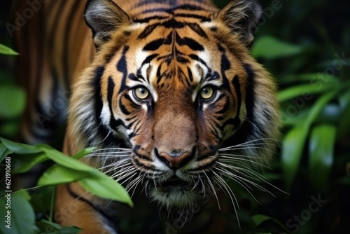 Sumatran tiger in forest background stalking prey, beautiful Asian tiger © sirisakboakaew
