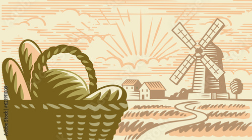 Rural countryside with old windmill. Bread basket
