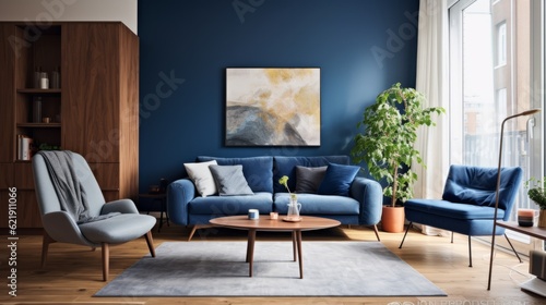 Home interior mock-up with blue sofa and a poster on the wall, wooden table and decor in a blue living room. Generative AI.