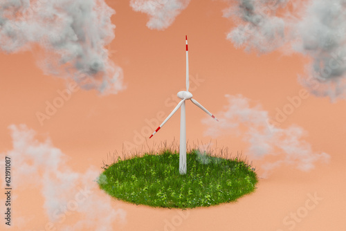 colorfull infinite background; miniature windmill sustainablity renewable energy concept on gras; 3d illustration photo