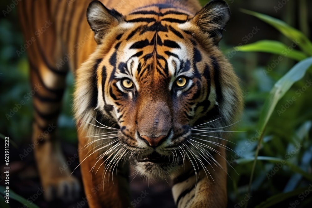 Sumatran tiger in forest background stalking prey, beautiful Asian tiger