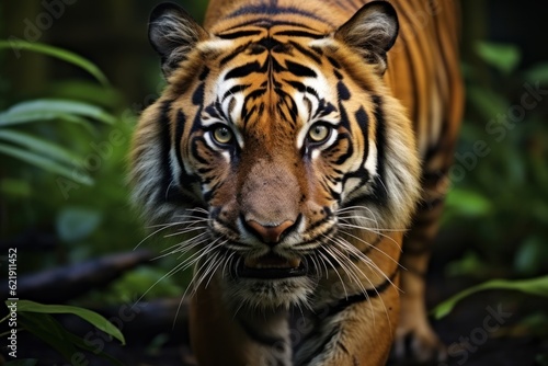 Sumatran tiger in forest background stalking prey  beautiful Asian tiger