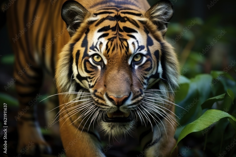 Fototapeta premium Sumatran tiger in forest background stalking prey, beautiful Asian tiger