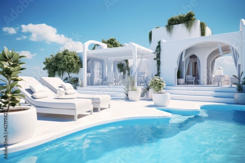 Traditional mediterranean white house with pool on hill with stunning sea view. Summer vacation background. Generative AI.