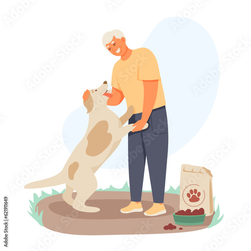 Smiling man playing with homeless dog. Cartoon character spending time with pets. Active lifestyle for seniors. Time for feeding animals. Concept of happy retirement. Vector flat illustration