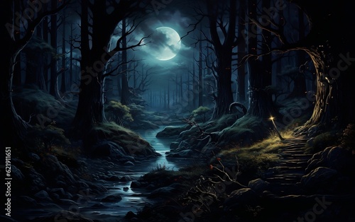 A dark forest with a stream running through it. AI