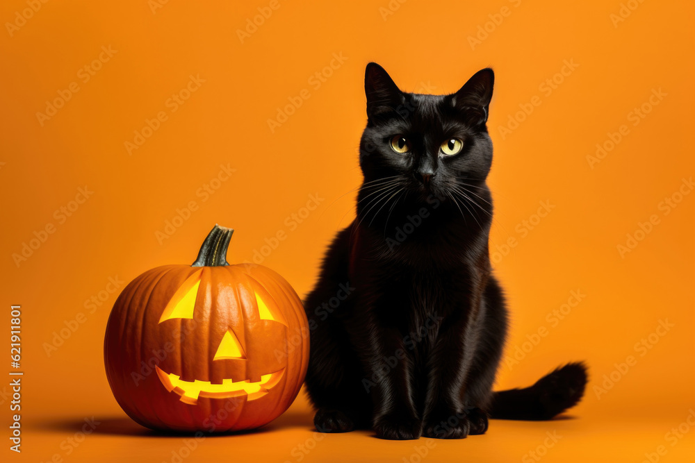 Fototapeta premium Black cat seating next to the pumpkin