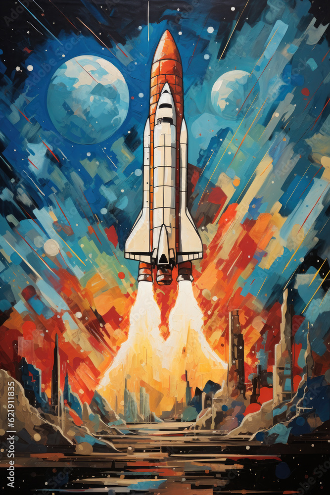 A painting of a space shuttle taking off. Generative AI.