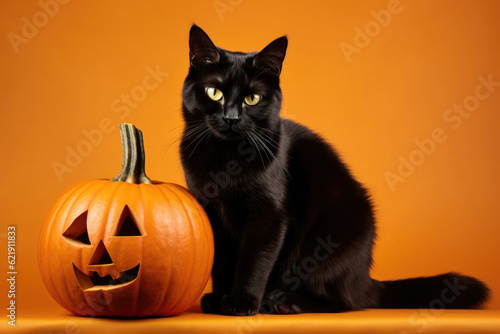 Black cat seating next to the pumpkin