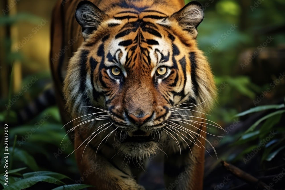 Fototapeta premium Sumatran tiger in forest background stalking prey, beautiful Asian tiger