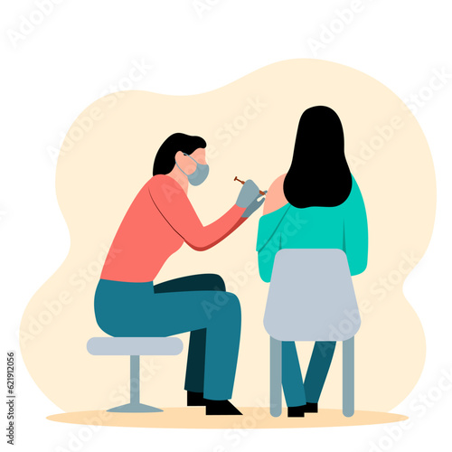 Female holding syringe with vaccine and makes antiviral injection. Time for making vaccines. Flu, influenza or coronavirus vaccination. Boosting immune system health. Vector illustration