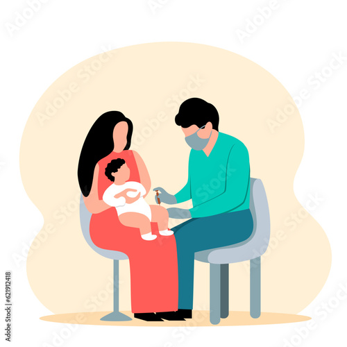 Medic sitting near mother with little girl and makes antiviral injection to kid. Time for making vaccines. Flu, influenza or coronavirus vaccination. Boosting immune system health. Vector illustration