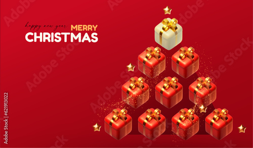 Merry Christmas and Happy New Year fir tree design template with gift box. Happy holidays. Special season offer.