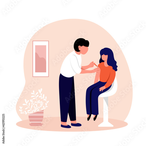 Young lady sitting in hospital and getting vaccinated. Human clinical trials vaccination shot. Giving vaccination for kids. Vector flat illustration in red and blue colors