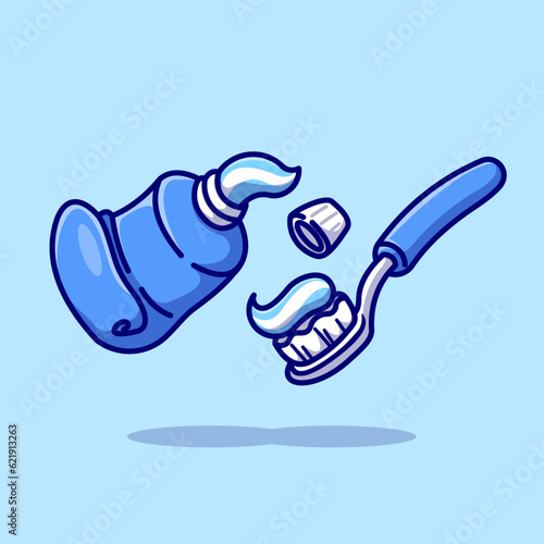 Floating Toothpaste And Toothbrush Cartoon Vector Icon 
Illustration. Healthy Object Icon Concept Isolated Premium 
Vector. Flat Cartoon Style