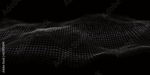 Abstract white particle background. Flow wave with dot landscape. Digital data structure. Future mesh or sound grid. Pattern point visualization.