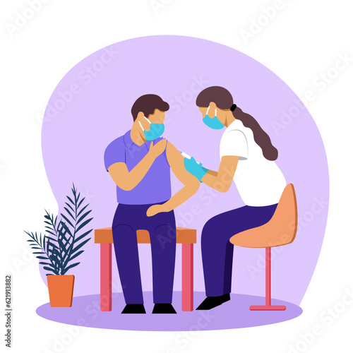 Female nurse giving vaccination to man. Human clinical trials vaccination shot. Protection from pandemic outbreak. Concept of protection from pandemic outbreak. Vector flat illustration