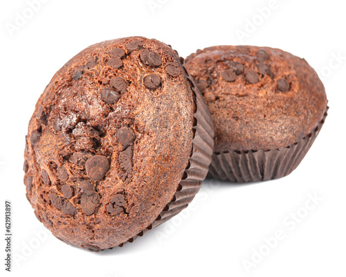 Muffin chocolate sweet bakery with choco drops isolated on the white background