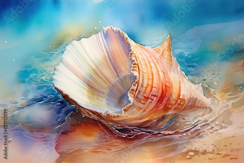 Large beautiful seashell Rapana lies on yellow sand washed by sea surf. Watercolor painting.
