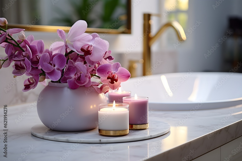 interior design, Beautiful flowers and candle on countertop in bathroom. created generative ai. interior design, Beautiful flowers and candle on countertop in bathroom. created generative ai.