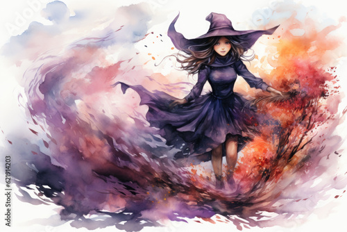 A painting of a person in a witch costume. Generative AI. Halloween illustration.