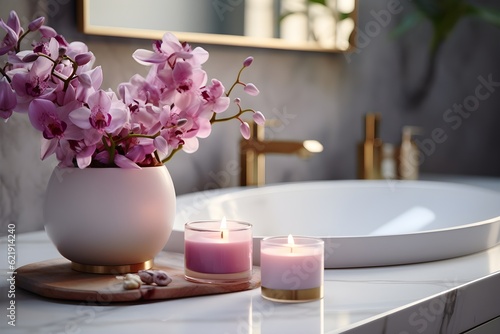 interior design  Beautiful flowers and candle on countertop in bathroom. created generative ai.