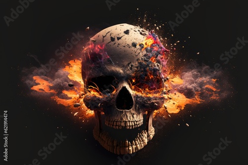 Human skull exploding on isolated background. 3d illustration. Front view.