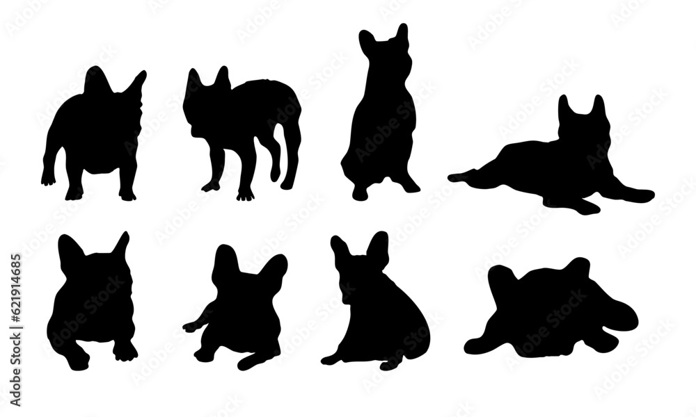 Silhouette set of French Bulldogs in standing, sitting, and laying down the action.
