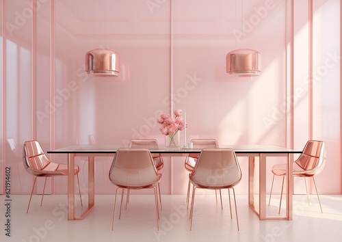 This luxurious and minimalistic dining room with its bright pink decor is an inviting and cheerful place to enjoy a meal surrounded by friends and family © mockupzord