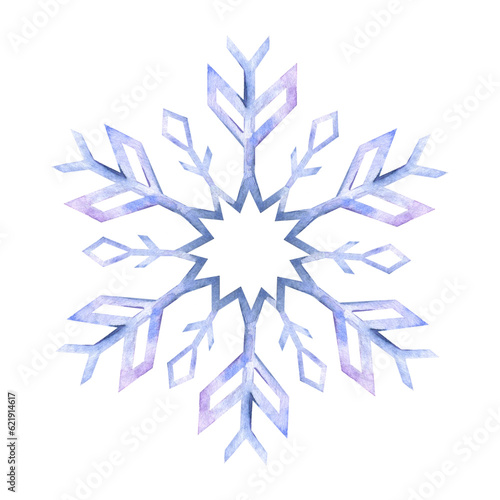 Snowflake. Watercolor illustration. Isolated. Holiday traditional decoration, symbol of winter and cold weather. For card, poster, greeting, postcard, invitation, banner.