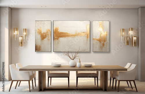 This luxurious, minimalistic dining room interior exudes sophistication and elegance, creating an inviting atmosphere perfect for gathering with friends and family