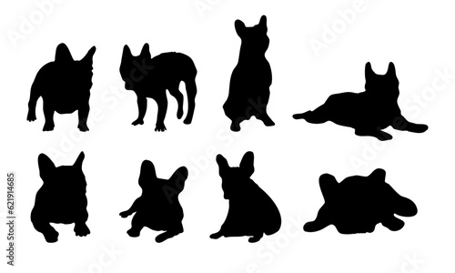 Silhouette set of French Bulldogs in standing, sitting, and laying down the action.