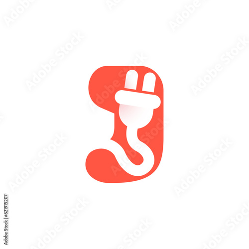 Letter J with electrical plug logo. Negative space technology icon. Power energy brand concept. Vector typeface for electric vehicle identity, eco-friendly hybrid cars, charging point and accessories.