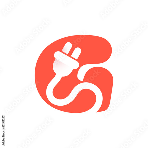 Letter G with electrical plug logo. Negative space technology icon. Power energy brand concept. Vector typeface for electric vehicle identity, eco-friendly hybrid cars, charging point and accessories.