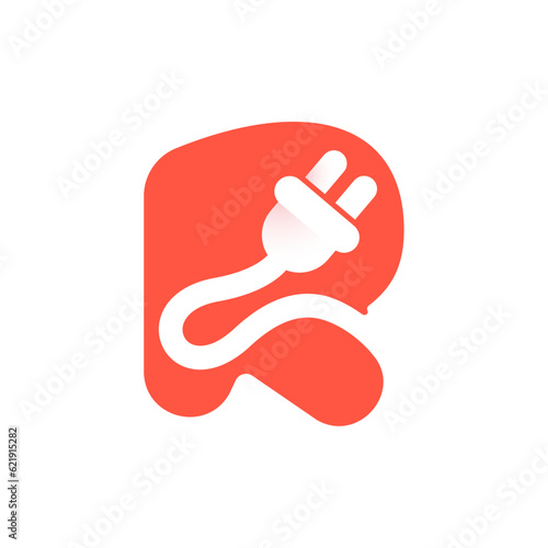 Letter R with electrical plug logo. Negative space technology icon. Power energy brand concept. Vector typeface for electric vehicle identity, eco-friendly hybrid cars, charging point and accessories.