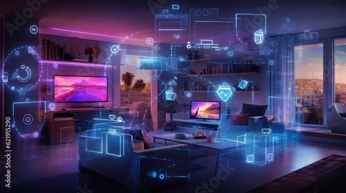 The concept of the Internet of Things with an image of a smart home, featuring various connected devices and appliances. Generative AI.