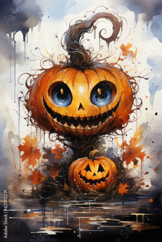 A painting of a jack o lantern with a spooky face. Generative AI. Halloween background. Halloween background. © Friedbert