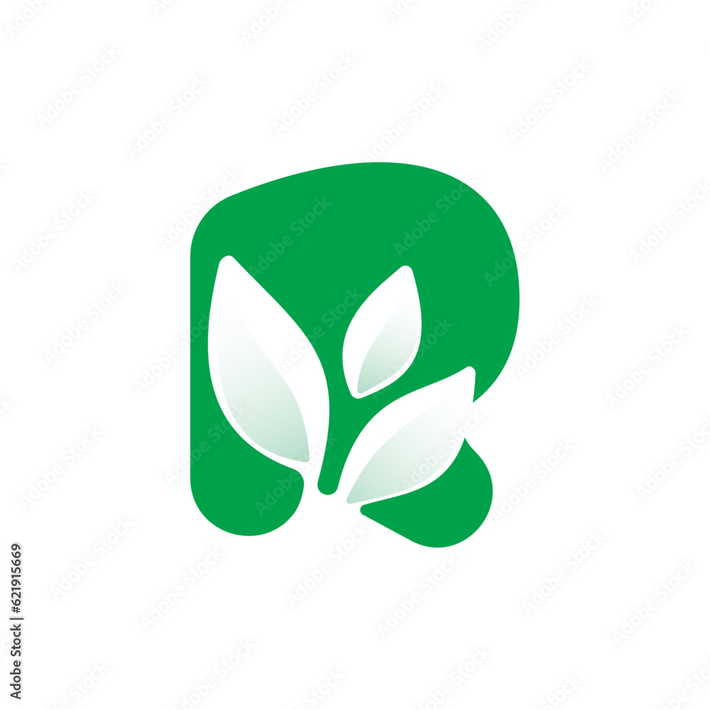 Vetor de R letter eco logo with green leaves. Negative space ...