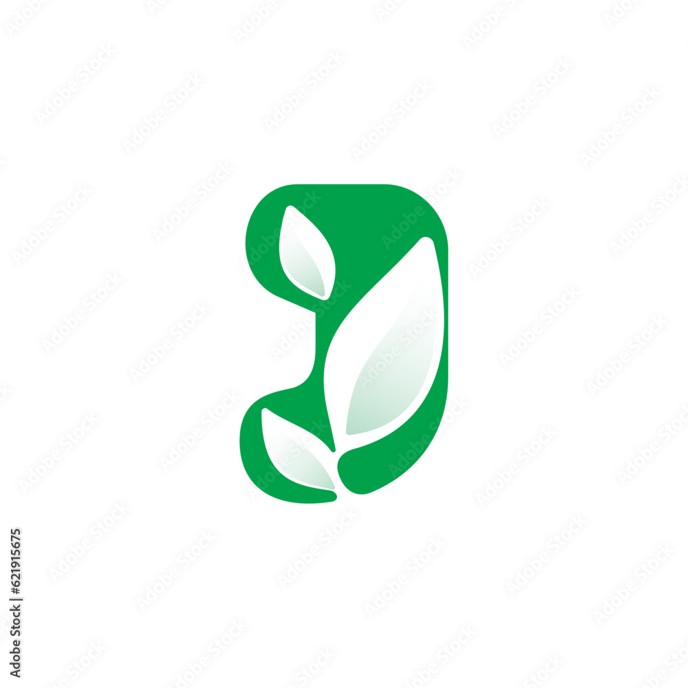 J letter eco logo with green leaves. Negative space agriculture icon. Lush foliage emblem. Vector template for seeds growing company, summer posters, waste recycling identity, nature friendly labels. J letter eco logo with green leaves. Negative space agriculture icon. Lush foliage emblem. Vector template for seeds growing company, summer posters, waste recycling identity, nature friendly labels.