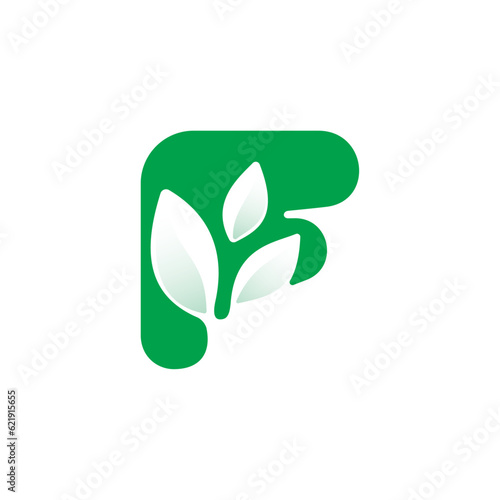 F letter eco logo with green leaves. Negative space agriculture icon. Lush foliage emblem. Vector template for seeds growing company, summer posters, waste recycling identity, nature friendly labels.