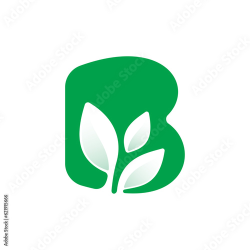 B letter eco logo with green leaves. Negative space agriculture icon. Lush foliage emblem. Vector template for seeds growing company, summer posters, waste recycling identity, nature friendly labels.