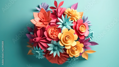 Flowers made by quilling on a blue background, generative AI. © puhimec
