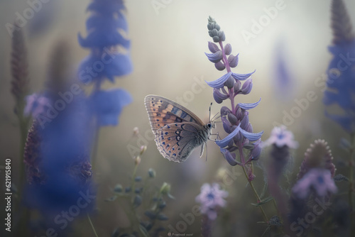 Close-up of a butterfly flies up to a delicate bluebell flower. Blooming meadow macro. Generative Ai © lolya1988