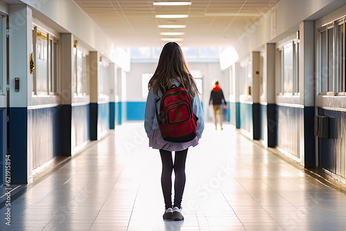 Schoolgirl walking alone down school hallway from the back Fototapet