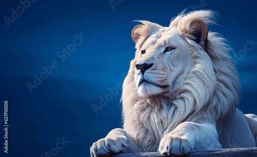 Majestic Male White Lion of Africa in the Dark with a blue background. Generative AI.