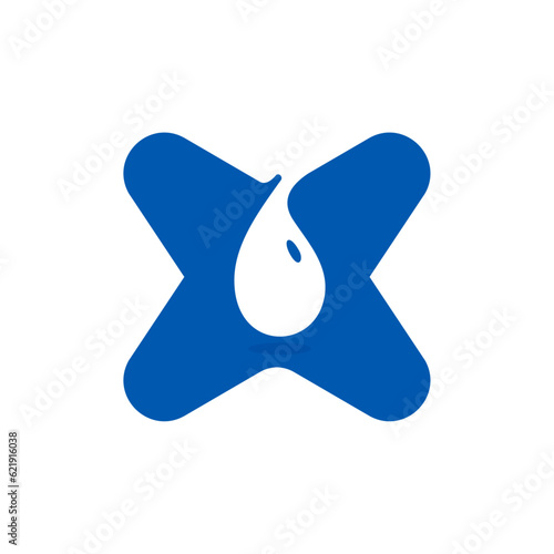 X letter eco logo with blue water dew drops. Negative space icon. Spring water emblem. Vector template for pure drink company, swimming posters, waste recycling identity, fight against drought adv.