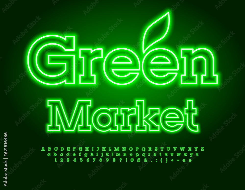 Naklejka premium Vector advertising Banner Green Market. Bright Electric Font. Modern Neon Alphabet Letters and Numbers