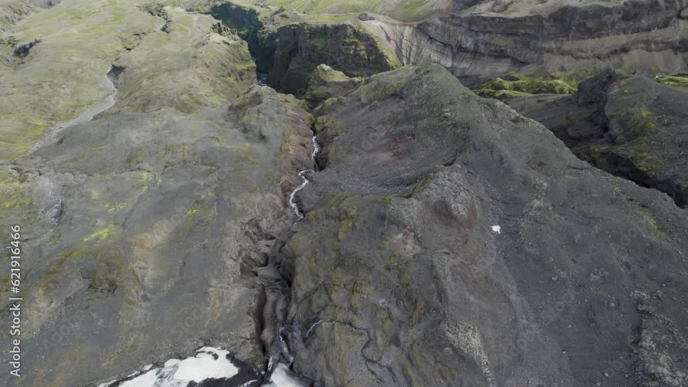 Aerial view of a stream of water in Mulagljufur Canyon, Iceland. Aerial view of a stream of water in Mulagljufur Canyon, Iceland.
