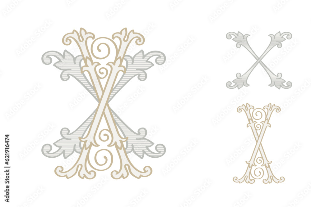 X letter wedding monogram creator kit. Elegant historical style alphabet for party invitations. This set includes Wide and Narrow capitals for your own emblem. Find full set in my profile.
